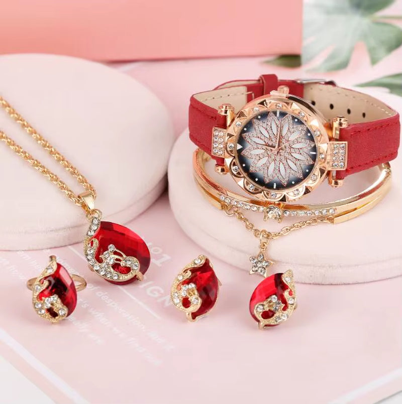 Hot Selling 6 Pcs Watch Set Colorful Drop Pendants Earrings Bangle Jewelry Set for Women