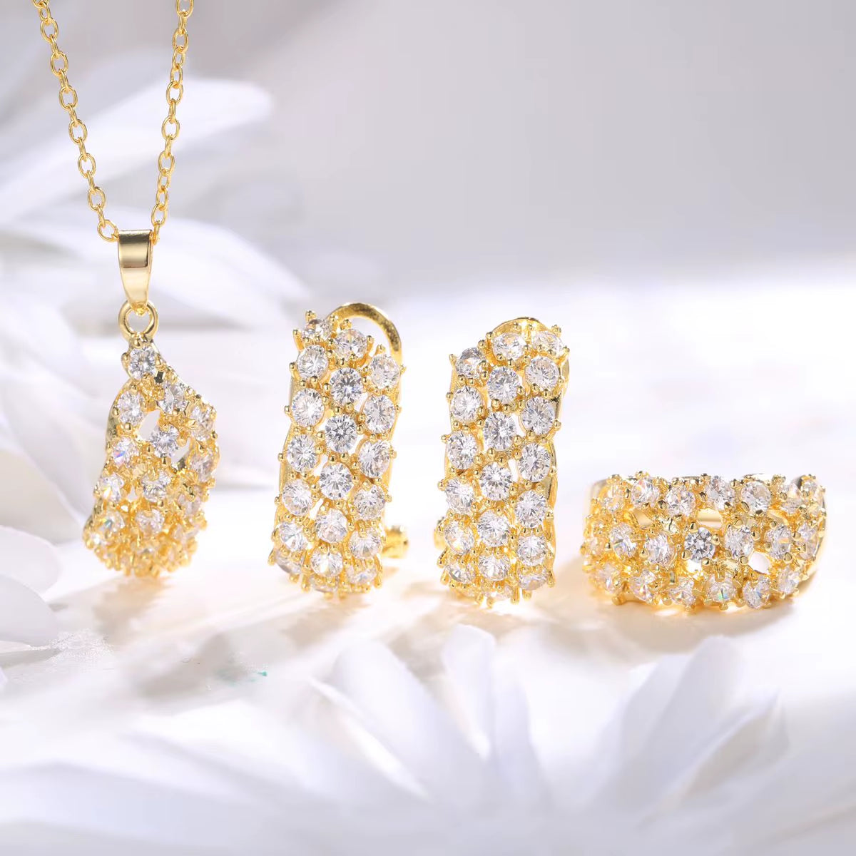 18K Gold Zirconia Jewelry Dubai Wholesale Price Discount Gold Necklace Wedding Fashion Jewelry Sets for Women