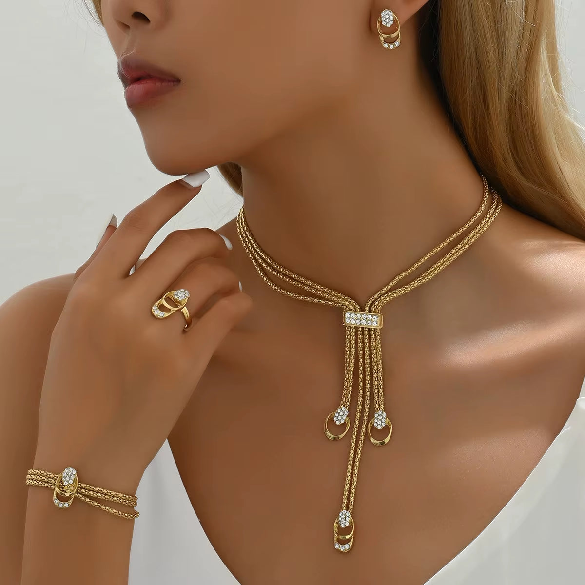 Fashion French Alloy Jewelry Set for Women New Gold Zircon Necklace Earrings Ring Bracelet for Wedding or Gift