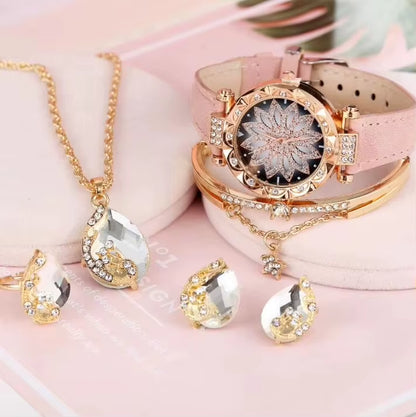 Hot Selling 6 Pcs Watch Set Colorful Drop Pendants Earrings Bangle Jewelry Set for Women