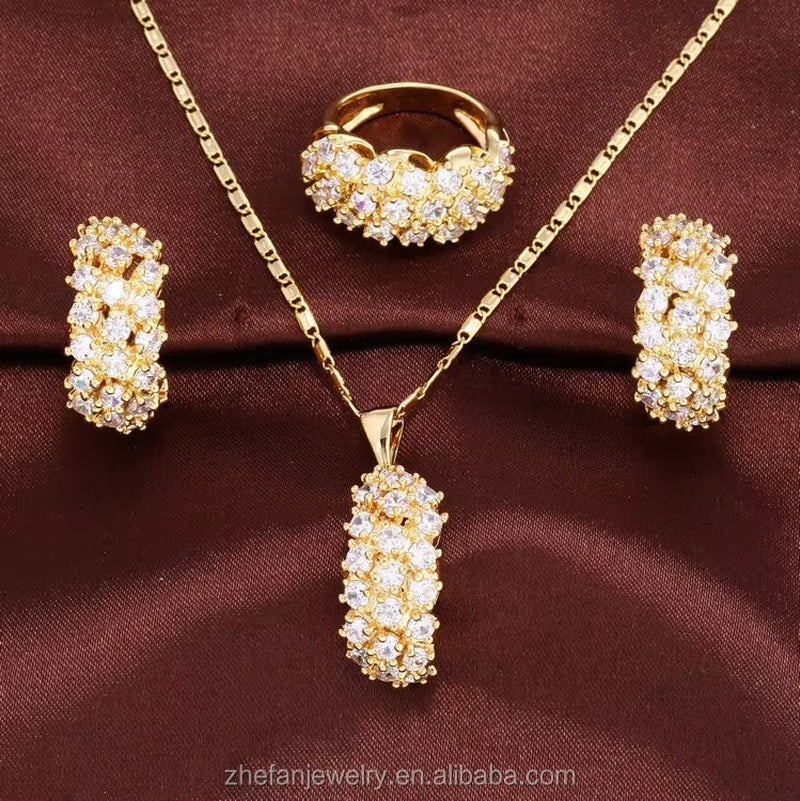 18K Gold Zirconia Jewelry Dubai Wholesale Price Discount Gold Necklace Wedding Fashion Jewelry Sets for Women